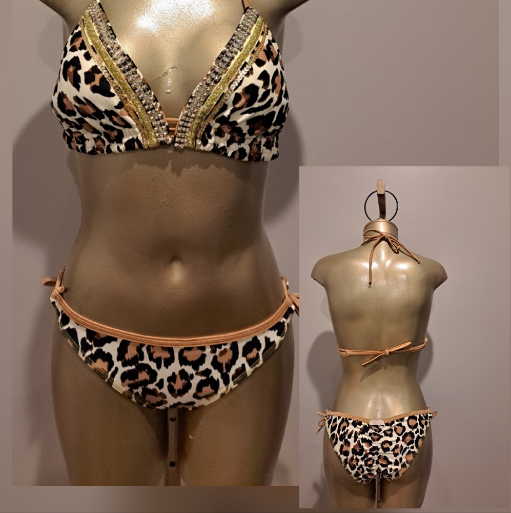 ADG  Brown & Black Leopard Print   Two Piece Bikini with Gold Accents
